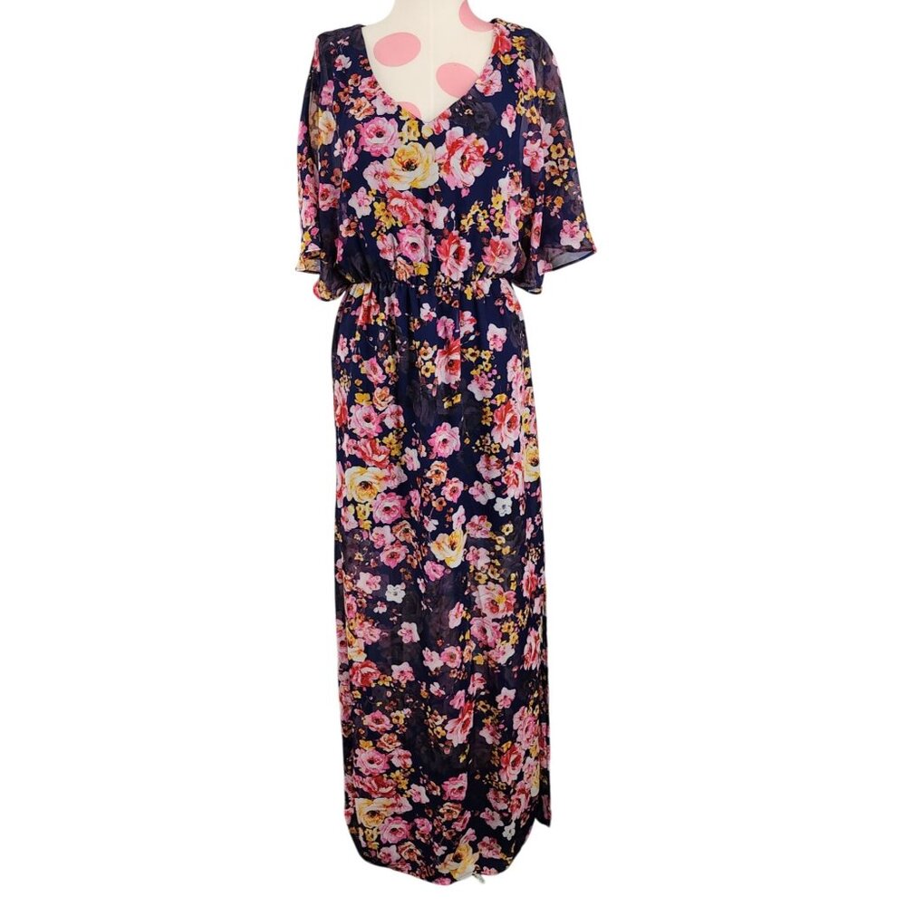 Women's Pink Owl Apparel Navy Floral Maxi Dress Side Slit Medium Sheer Half Skir